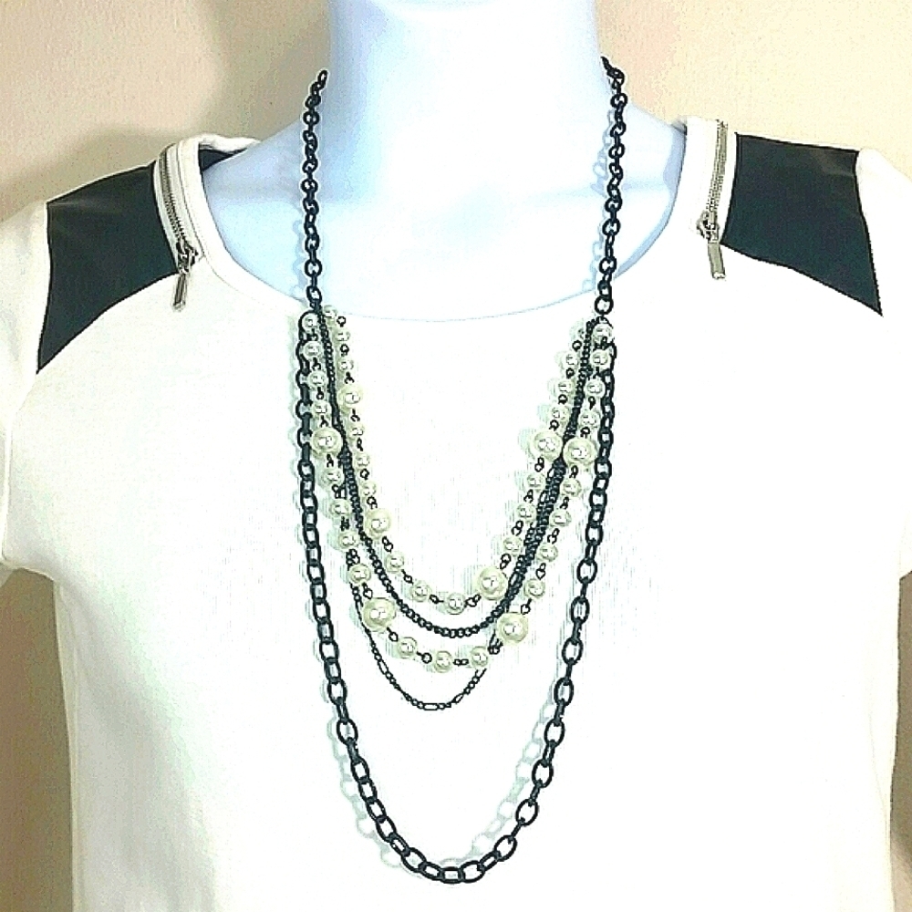 Bead Joy Black Chain White Pearl Bib Necklace Adjustable Gothic Glam Steampunk